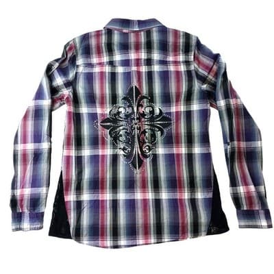 Y2K Maurice's Plaid Shirt Rhinestone Embellished Lace Western Style Women's Med - Thumbnail 3