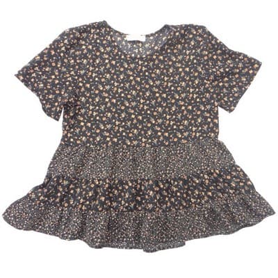 Paper Crane Womens Floral Tiered Babydoll Top Black Short Sleeve Small