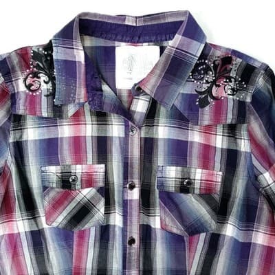 Y2K Maurice's Plaid Shirt Rhinestone Embellished Lace Western Style Women's Med - Thumbnail 4