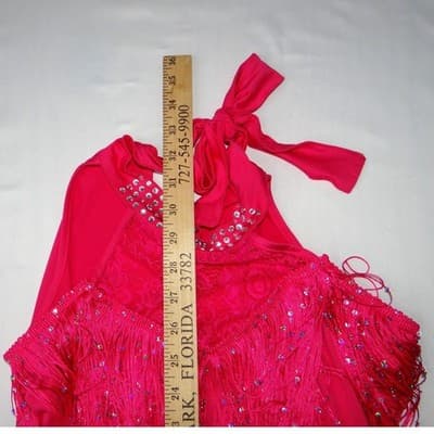 Hot Pink Sequins Fringe Halter Dance Dress Costume with Arm Fringe Bands - Thumbnail 7
