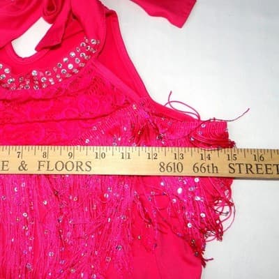 Hot Pink Sequins Fringe Halter Dance Dress Costume with Arm Fringe Bands - Thumbnail 8
