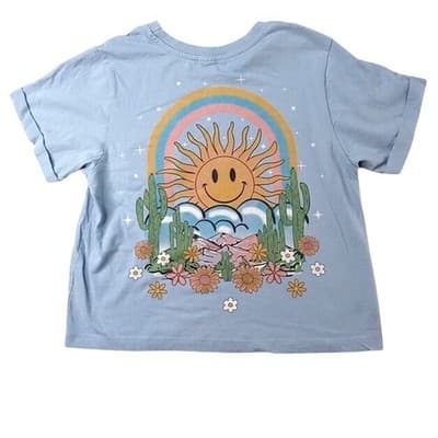 Coastal Dreamer Smiley Sun Pocket Graphic T Shirt Blue Size Small Short Crop - Thumbnail 4