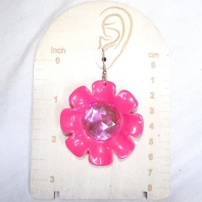 Vintage Estate Hot Pink Flower Gem Dangle Earrings Women's Fun Fashion Jewelry - Thumbnail 3