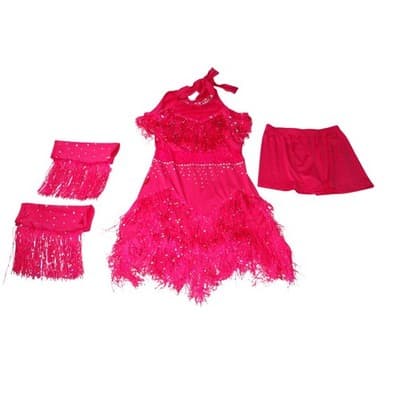 Hot Pink Sequins Fringe Halter Dance Dress Costume with Arm Fringe Bands