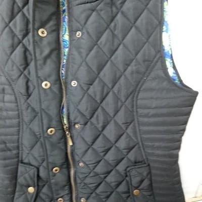 VTG Caribbean Joe Quilted Vest Black Blue Floral Lining Stand Collar Pockets M - Thumbnail 4