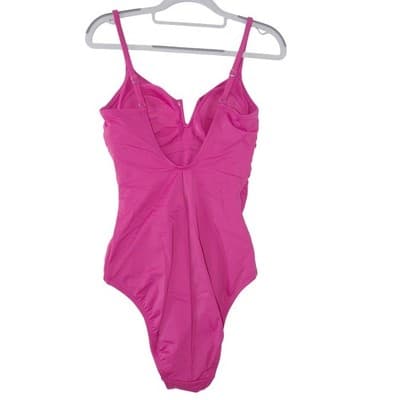 Womens Pink Ruched One Piece Swimsuit Size M 8-10 Notched V-Neck - Thumbnail 3