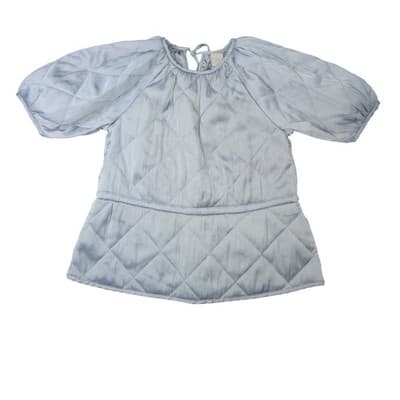 H&M Quilted Puff Sleeve Top Light Blue Gathered Waist Tie Back XS