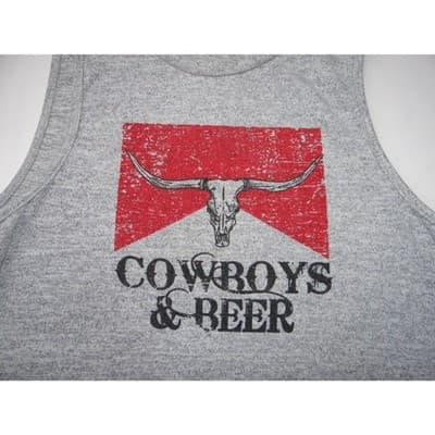 Gray Tank Top Cow Skull & Beer Graphic Sleeveless Women's M - Thumbnail 4