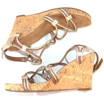 Aerosoles Womens Gold Metallic Strappy Cork Wedge Sandals Size 11 - Thumbnail 2
