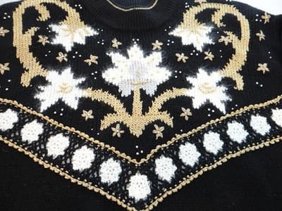 Black Women's Long Sleeve Sweater with White and Gold Floral Pattern - Thumbnail 5