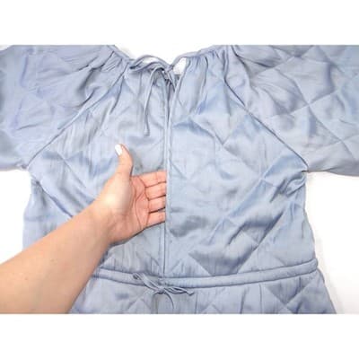 H&M Quilted Puff Sleeve Top Light Blue Gathered Waist Tie Back XS - Thumbnail 7