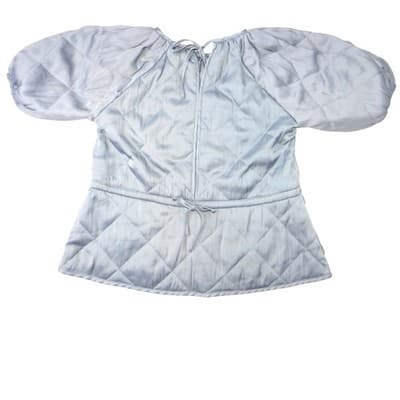 H&M Quilted Puff Sleeve Top Light Blue Gathered Waist Tie Back XS - Thumbnail 5