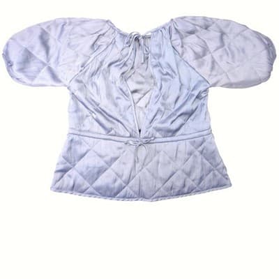 H&M Quilted Puff Sleeve Top Light Blue Gathered Waist Tie Back XS - Thumbnail 6