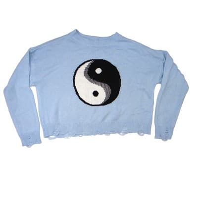 NO BOUNDARIES Light Blue Yin Yang Distressed Knit Cropped Sweater Women's XXL