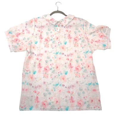 VTG Floral Peter Pan Collar Blouse Short Sleeve Pastel Watercolor Textured Top L - Thumbnail 3