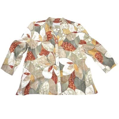 Alfred Dunner Vintage Women Sz 12 Floral Button Front Blouse Metallic Green Rust