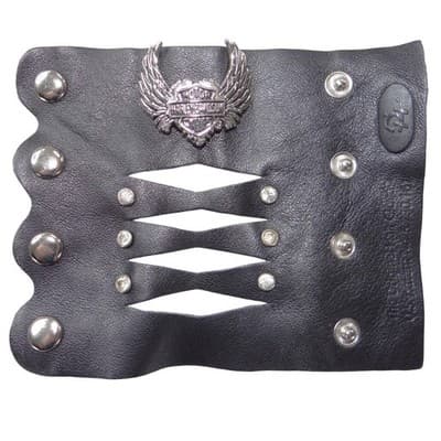 Harley-Davidson Black Leather Winged Heart Hair Glove Ponytail Wrap Rhinestone
