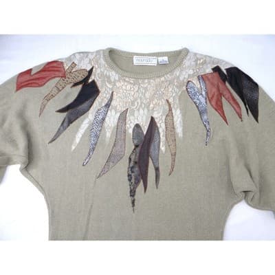 Vintage Unique Maurada Embellished Sweater Beige Knit Dolman Sleeve Women's M - Thumbnail 5