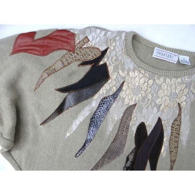 Vintage Unique Maurada Embellished Sweater Beige Knit Dolman Sleeve Women's M - Thumbnail 9