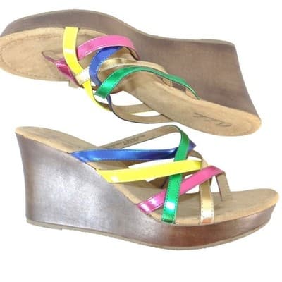 Outlooks Nolan Womens 10M Multi Color Metallic Strappy Wedge Sandals - Thumbnail 2