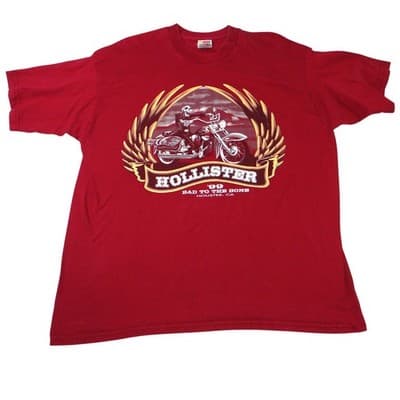 Vintage Red Skeleton Biker Bad To The Bone Tee Hollister Calif Mens XL