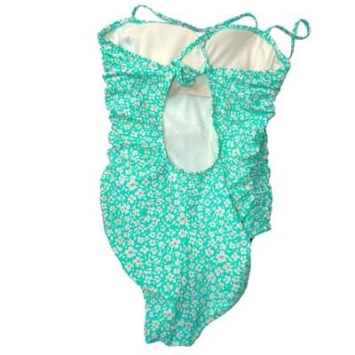 Kona Sol Womens XL Teal Floral Ruched One Piece Swimsuit Padded Tie Back - Thumbnail 3