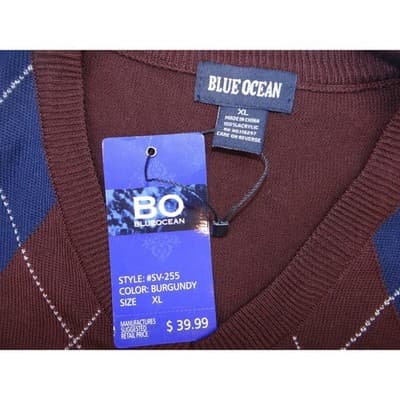 NWT-Blue Ocean Mens Burgundy Argyle V Neck Sweater Vest XL Acrylic Sleeveless - Thumbnail 2