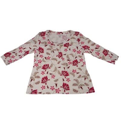 Vintage Croft & Barrow Stretch Floral Print 3/4 Sleeve Top Shirt White Pink M
