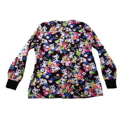 Cherokee Stay Curious Raccoon Floral Scrub Jacket Snap Front CK301 Black L - Thumbnail 3