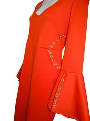 Stylish Bell Sleeve V-Neck Dress - Vibrant Orange - Thumbnail 2