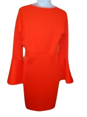 Stylish Bell Sleeve V-Neck Dress - Vibrant Orange - Thumbnail 3
