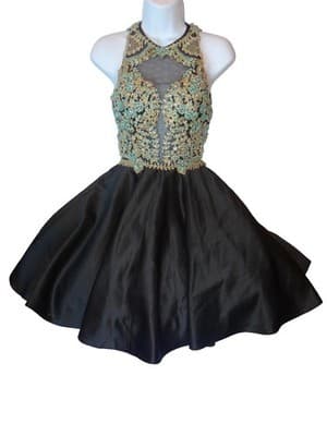 Aspeed Black Mini Dress with Embroidered Floral Bodice and Sheer Details
