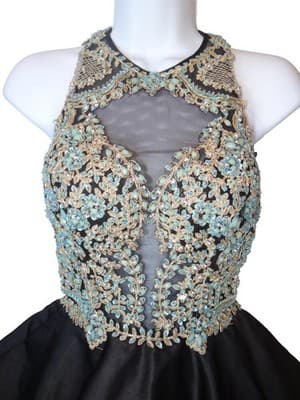 Aspeed Black Mini Dress with Embroidered Floral Bodice and Sheer Details - Thumbnail 2