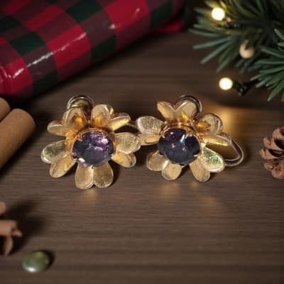 Vintage Gold Flower Shaped Earrings with Purple Gemstone Center - Thumbnail 2