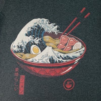 Ramen Wave Mt Fuji Graphic T Shirt Dark Grey Gildan Heavy Cotton Medium - Thumbnail 3