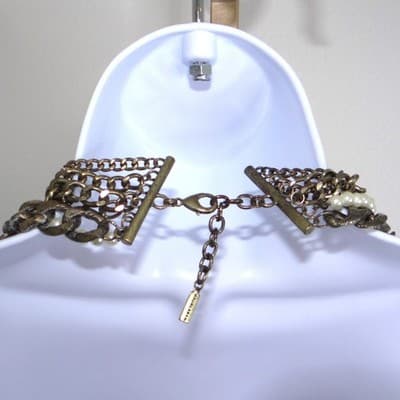 VTG BaubleBar Multi Strand Bib Necklace Faux Pearl Antique Brass Tone Statement - Thumbnail 2