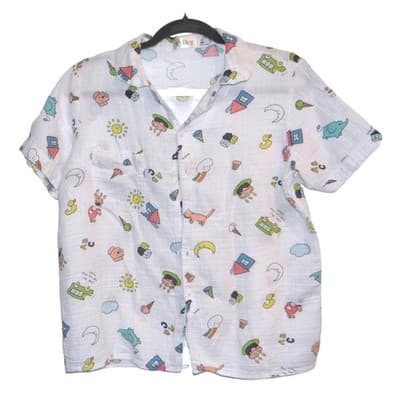 UNIQUE Clovie Cartoon Print Short Sleeve Muslin Shirt