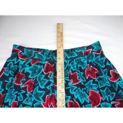 Vintage Greenwich Square Teal Red Leaf Print Midi Skirt Size 13-14 Elastic Waist - Thumbnail 7