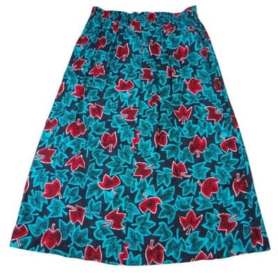 Vintage Greenwich Square Teal Red Leaf Print Midi Skirt Size 13-14 Elastic Waist - Thumbnail 5