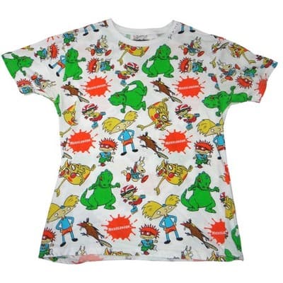 Nickelodeon 90s Cartoons All Over Print Shirt Mens Medium White Rugrats Reptar