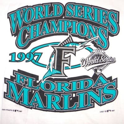 Vintage 1997 Florida Marlins World Series Champions T-Shirt White XL Delta MLB - Thumbnail 4