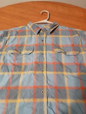 Prana Men Shirt Size Large Blue Short Sleeve Plaid Button Up Polyester Cotton - Thumbnail 3