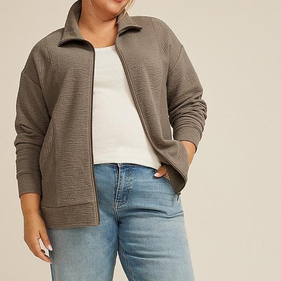 Textured Full Zip Sweatshirt- Oak Taupe color- Plus Size 1X- NWT - Thumbnail 4