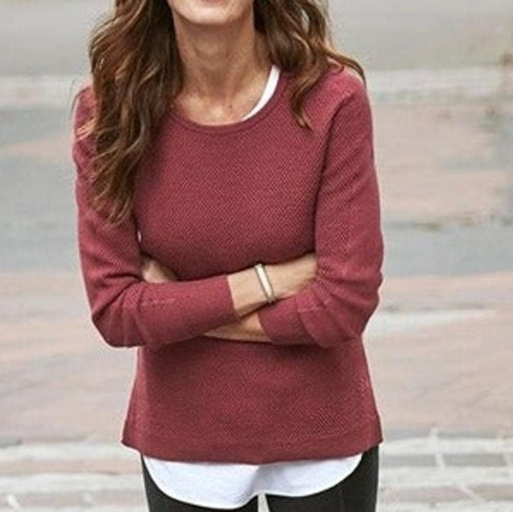 ATHLETA Merino Wool Honeycomb Crewneck Sweater~ Rust Burgundy Deep Maroon - Thumbnail 3
