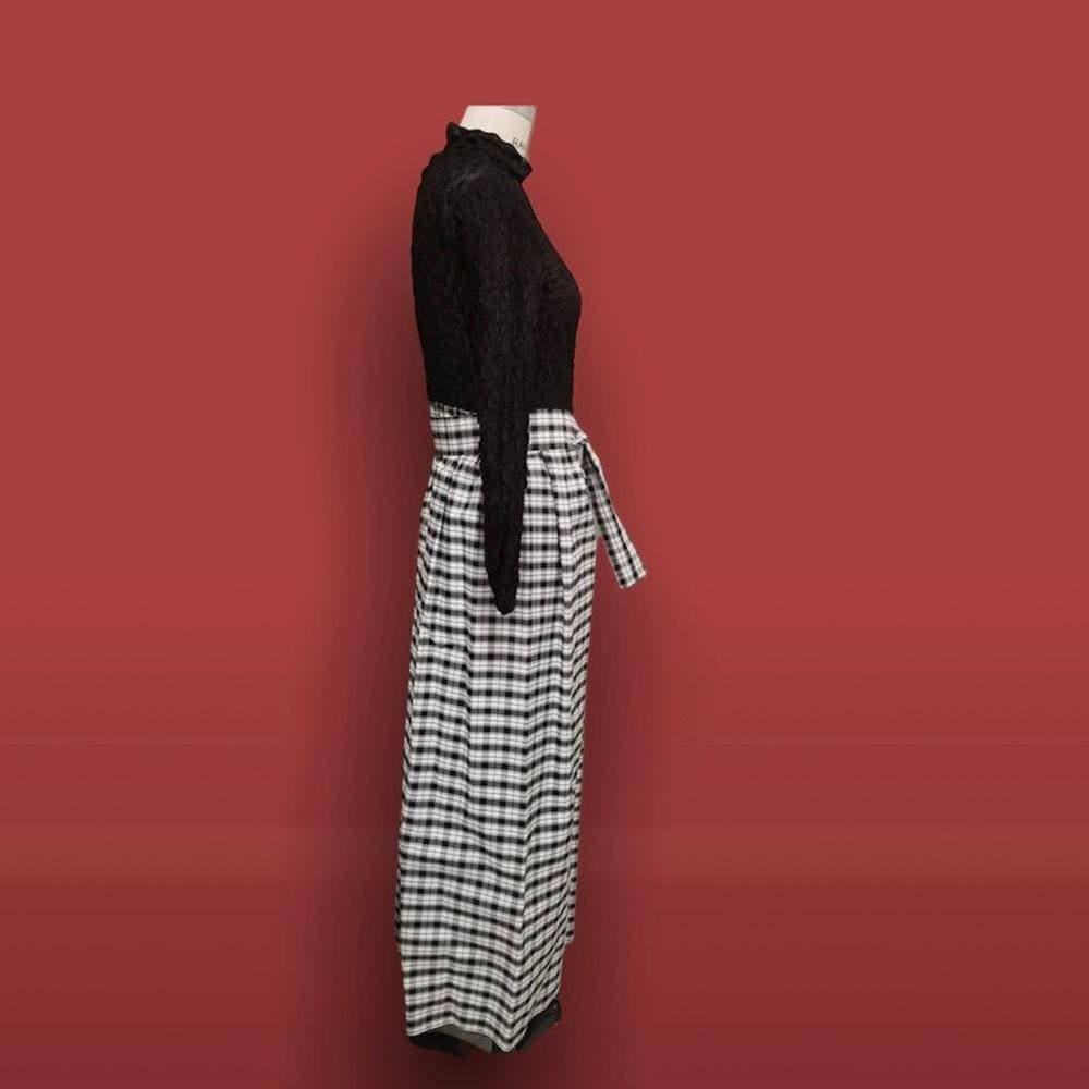 Vintage Dress Black/White Plaid Long Evening Dress- Size 7 Vintage Brooch - Thumbnail 8