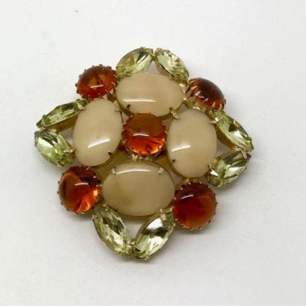 Vintage Delizza & Elster Amber/Clear/Milky Rhinestone and Cabochon Juliana Brooch