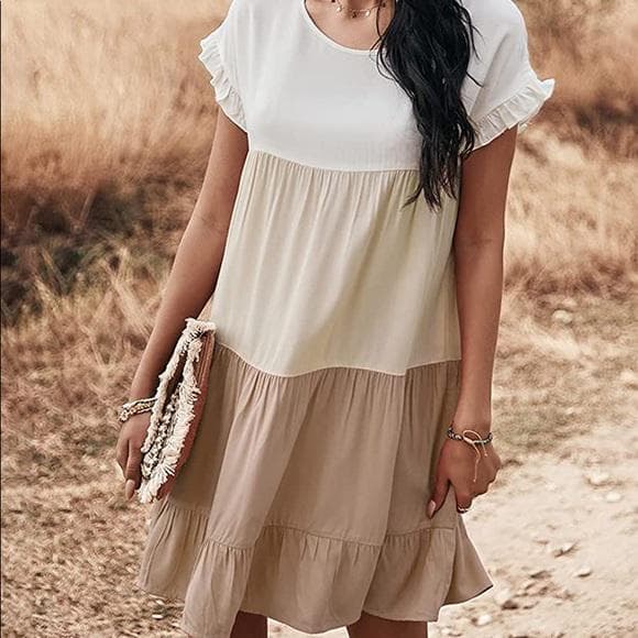 Khaki Boho Babydoll Dress- Colorblock & Ruffles - Thumbnail 9