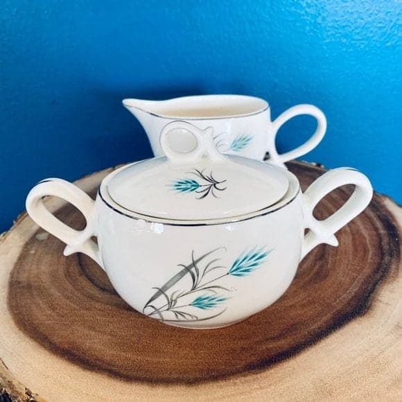 Vintage Canonsburg Teal Wheat Grey Grass Silver Trim Creamer & Sugar Set - Thumbnail 4