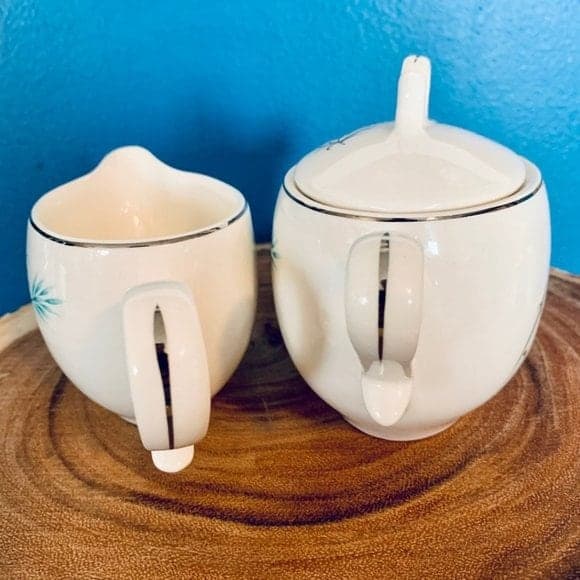 Vintage Canonsburg Teal Wheat Grey Grass Silver Trim Creamer & Sugar Set - Thumbnail 6