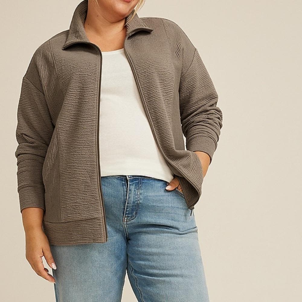 Textured Full Zip Sweatshirt- Oak Taupe color- Plus Size 1X- NWT - Thumbnail 3